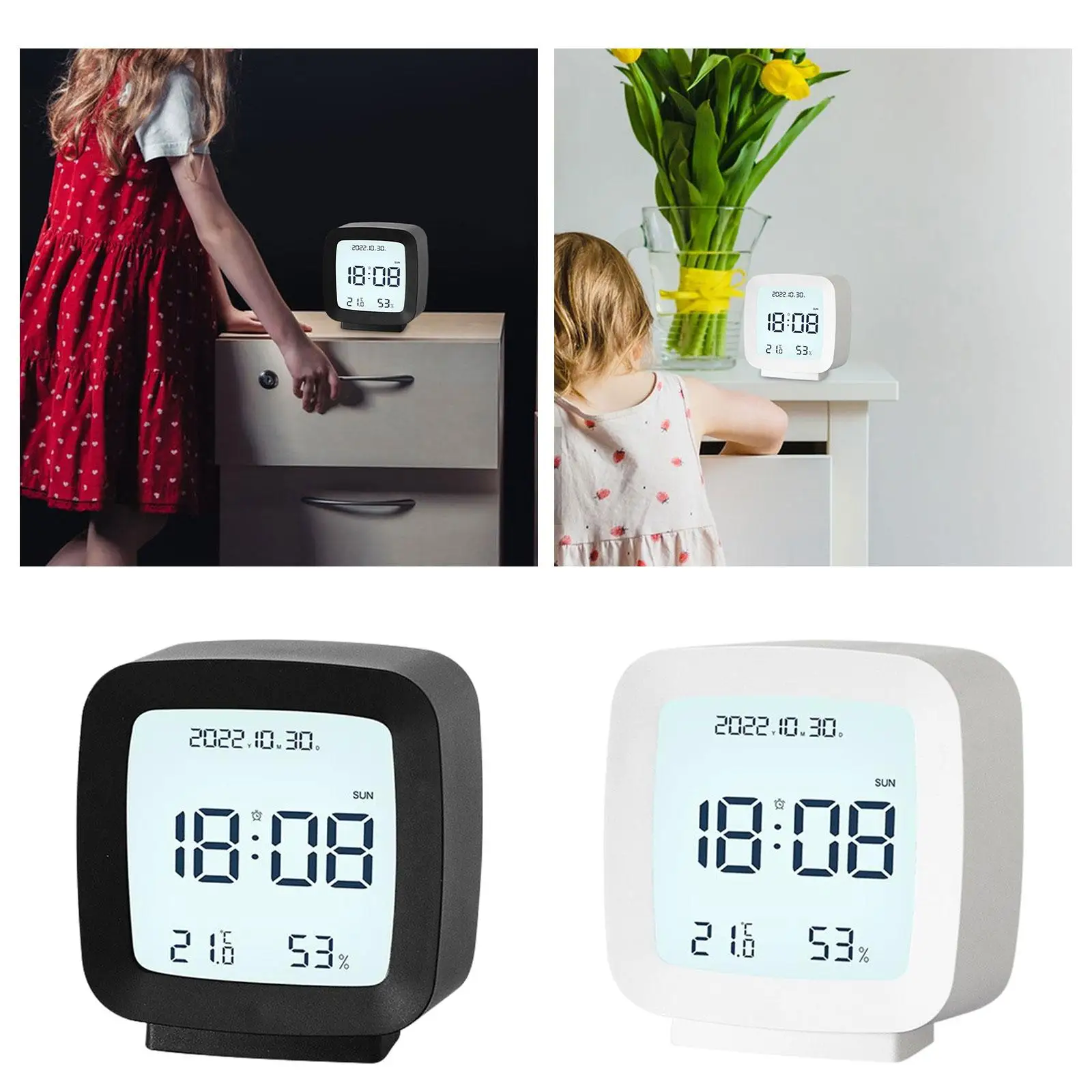Digital Alarm Clock 12/24H Modern with Temperature and Humidity Monitor Desk Clocks for Tabletop Dining Room Cafe Kitchen