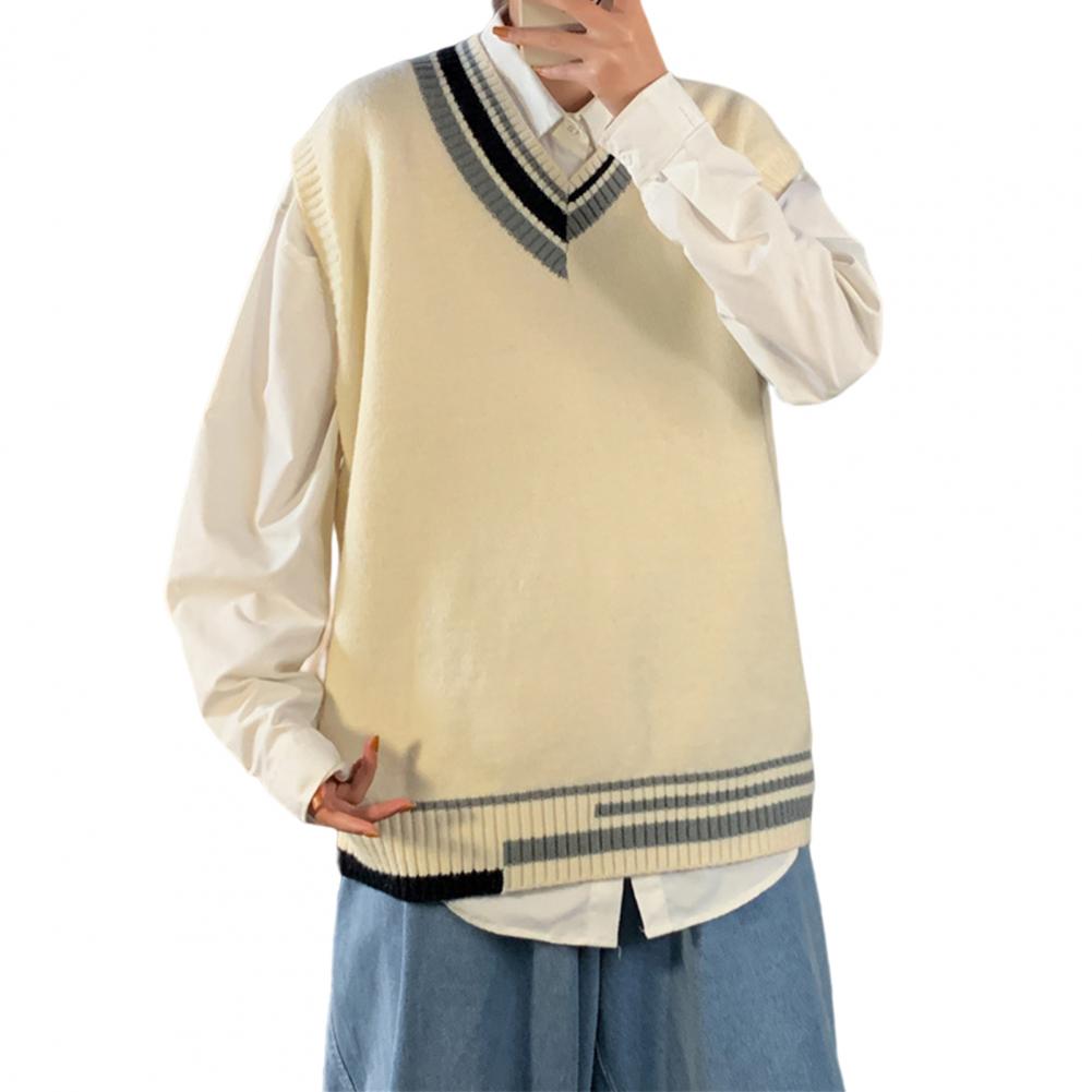 Description Picture 6 of itemCool Anti-shrink Streetwear Winter Sweater Elastic Men Vest Sweater Contrast Colors V Neck Winter Sweater for Dating