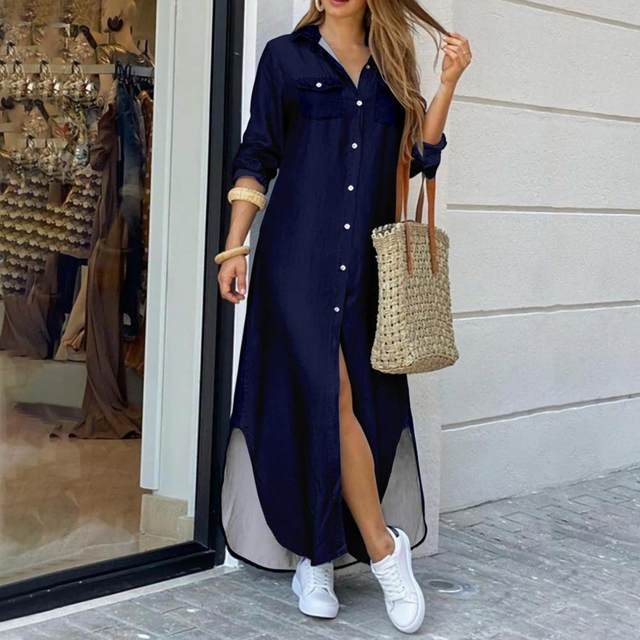 Elegant Women Button Down Long Shirt Dress Summer Women Print Lapel Neck  Long Sleeve Split Irregular Hem Maxi Dress Vestidos - AliExpress