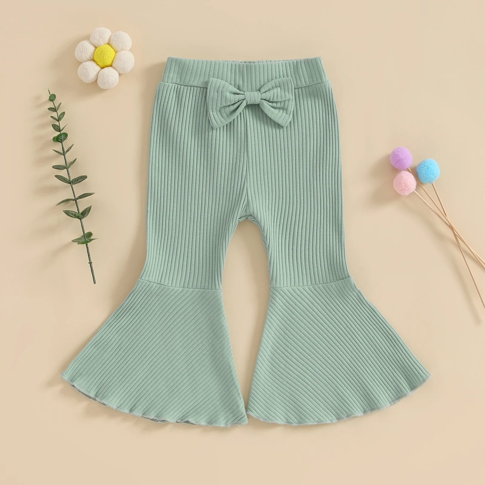 Sd8ef6b959f0f4e7683f923a23ad0c4e7w Cute Kids Baby Girls Flare Pants Soft Cotton Solid Color Ribbed Elastic Toddler Bell Bottoms Trousers Bow Ruffle Pants for Child