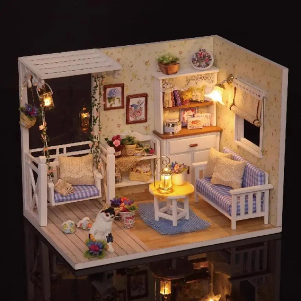 Kitten Diary -DIY  Miniature Dollhouse Furniture Toy Set with Dustproof Case & LED Light kids children toy Gift Playset