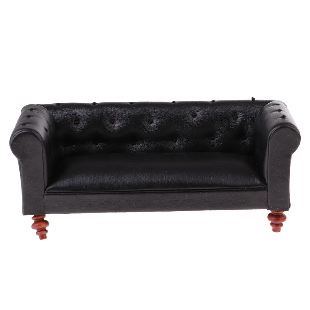 Retro miniature leather long sofa couch 1/12 dolls house living room black