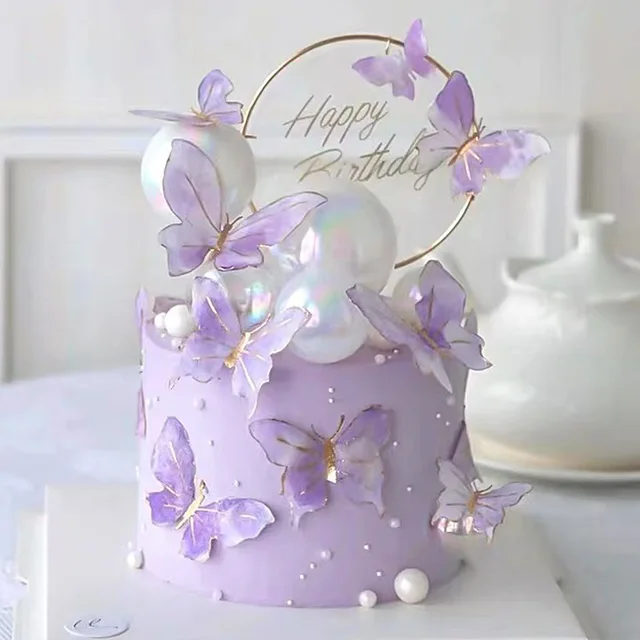10 pçs decoração de bolo roxo borboletas reais pintados à mão estilo feliz  aniversário bolo toppers borboletas para o aniversário da menina -  AliExpress