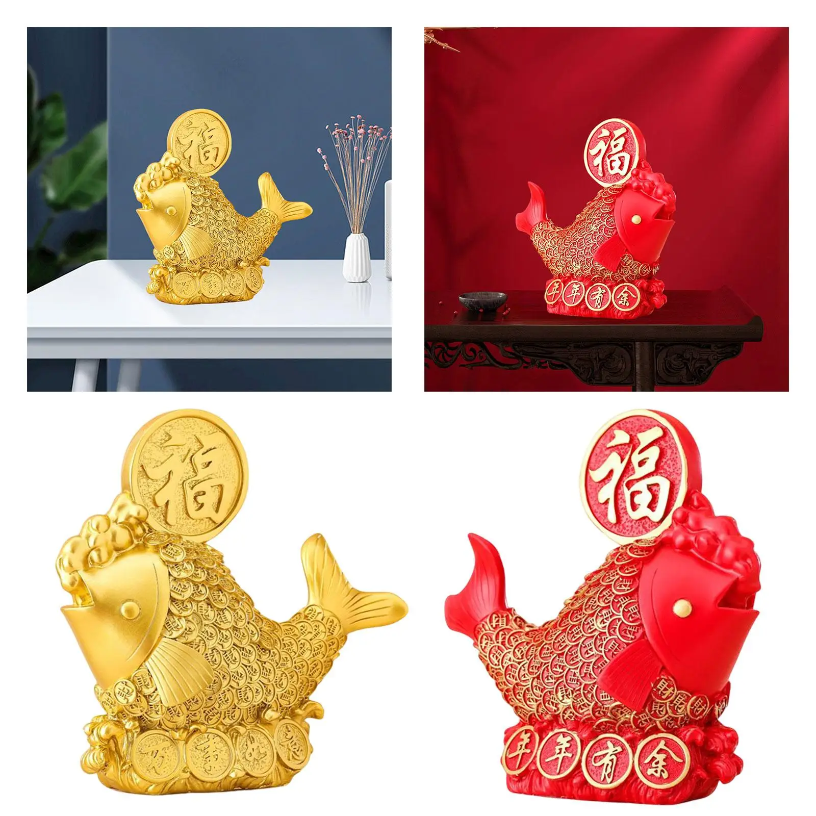 Resin Chinese Fish Statue Figurine Sculpture Collection Gift Crafts for Desktop Office Living Room Table Decoration