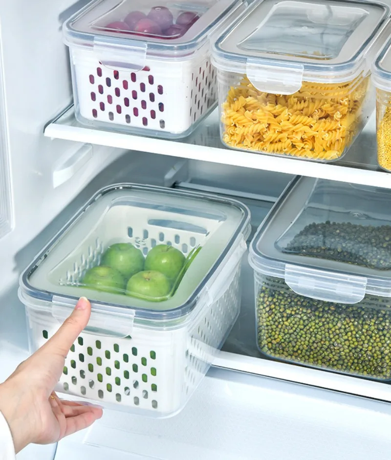 Refrigerator Preservation Box Transparent Double-Layer Vegetable And Fruit Food Grade Drain Box Set Of 3