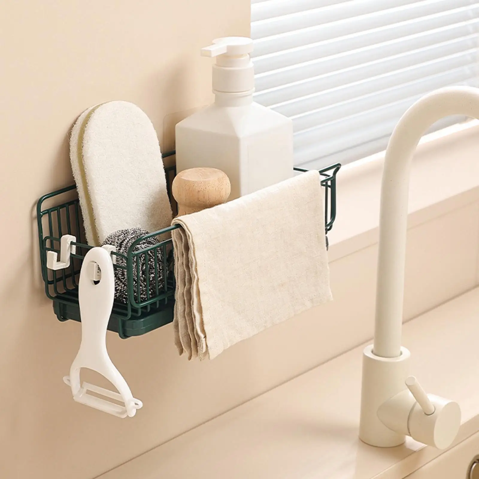 Sink shelf, dish drainer, dishcloth holder, with drain tray, organizer mounted