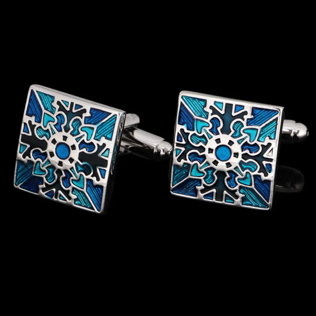 Blue Grid Square Wedding Mens Silver Tone Cufflinks Square Cuff Link Buttons