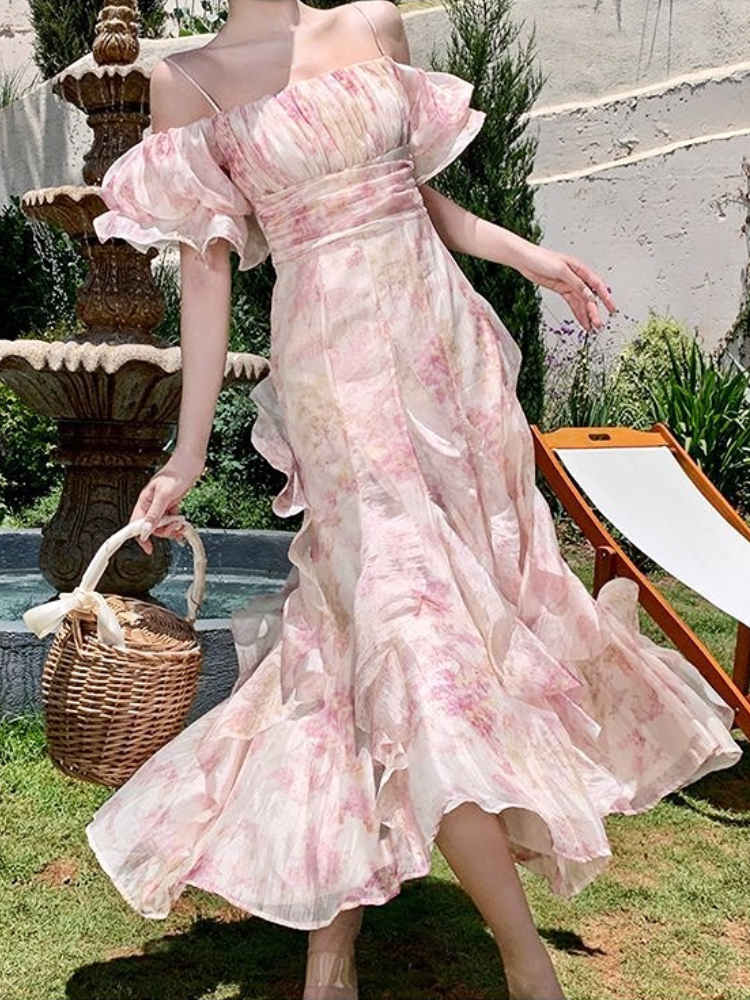 Chiffon Floral Dress Beach Style Elegant Party Midi Dress