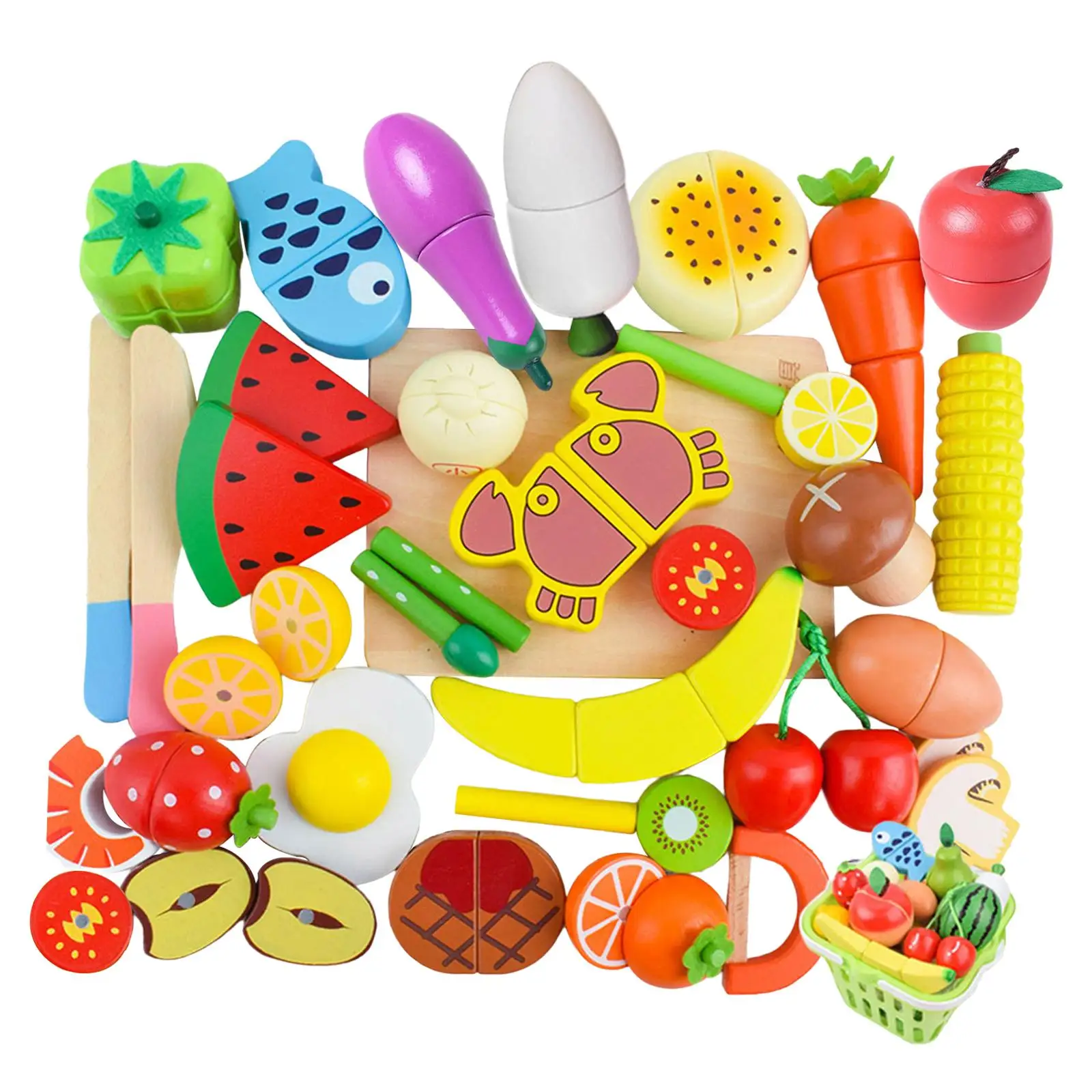 35Pcs Cutting Fruit Vegetables for Kids Play Kitchen Toys Gift Cooking Kitchen Toys with Basket for Boys Kids Girls 3 Years Old