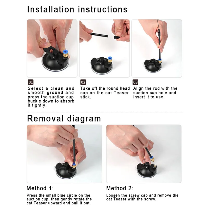 Un conjunto de instrucciones para instalar y quitar un juguete para gatos, específicamente un juguete para gatos.