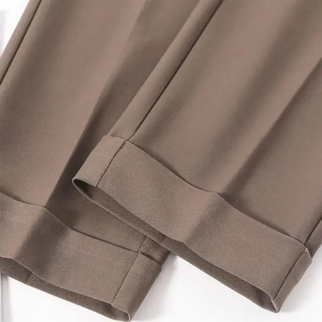 Pantalones de oficina de tela lisa para mujer, ropa de trabajo de pierna  recta con botones - AliExpress
