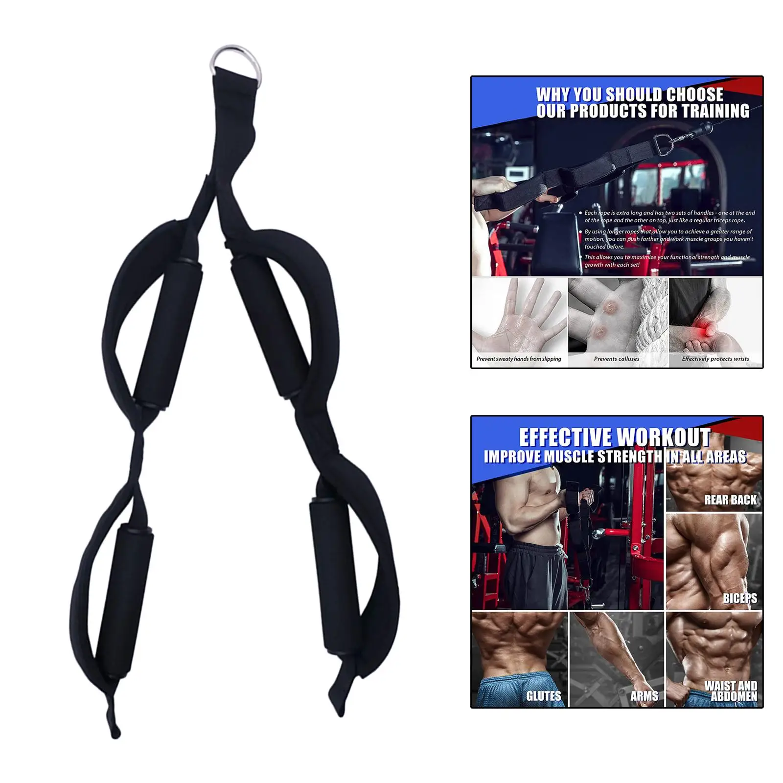 Cable Attachment Tricep Bicep Rope Pully Handles Strap Gym Accessory Equipment