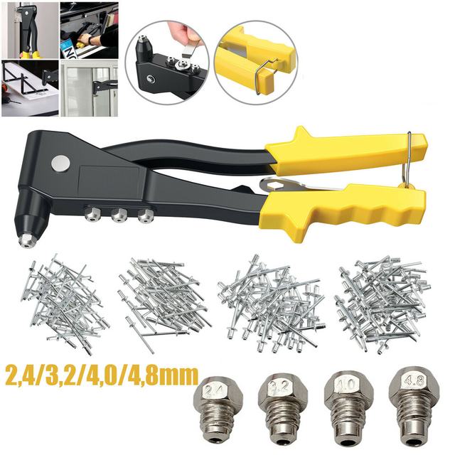 Kit Riveteuse Professionnelle + 210 Rivets Aluminium - 4 Têtes Interchangeables - Pour Tôle, Auto, Bricolage
