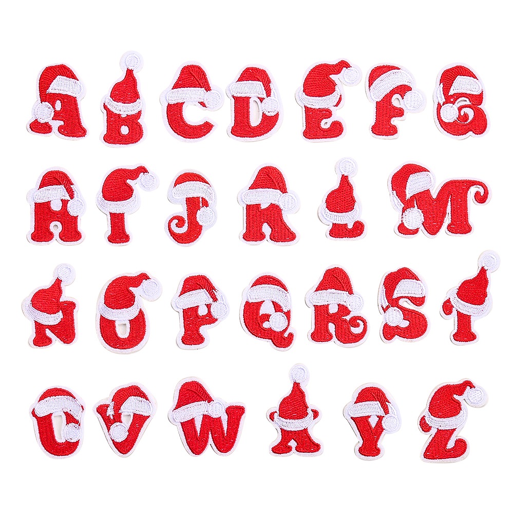 26 Stück Weihnachtsserie Buchstaben-Patch, Alphabet, roter Hut, Mütze, Weihnachtsmann, Stickerei, Eisen auf Applikation, DIY-Stoff, Patchwork-Handwerk – Detail 2