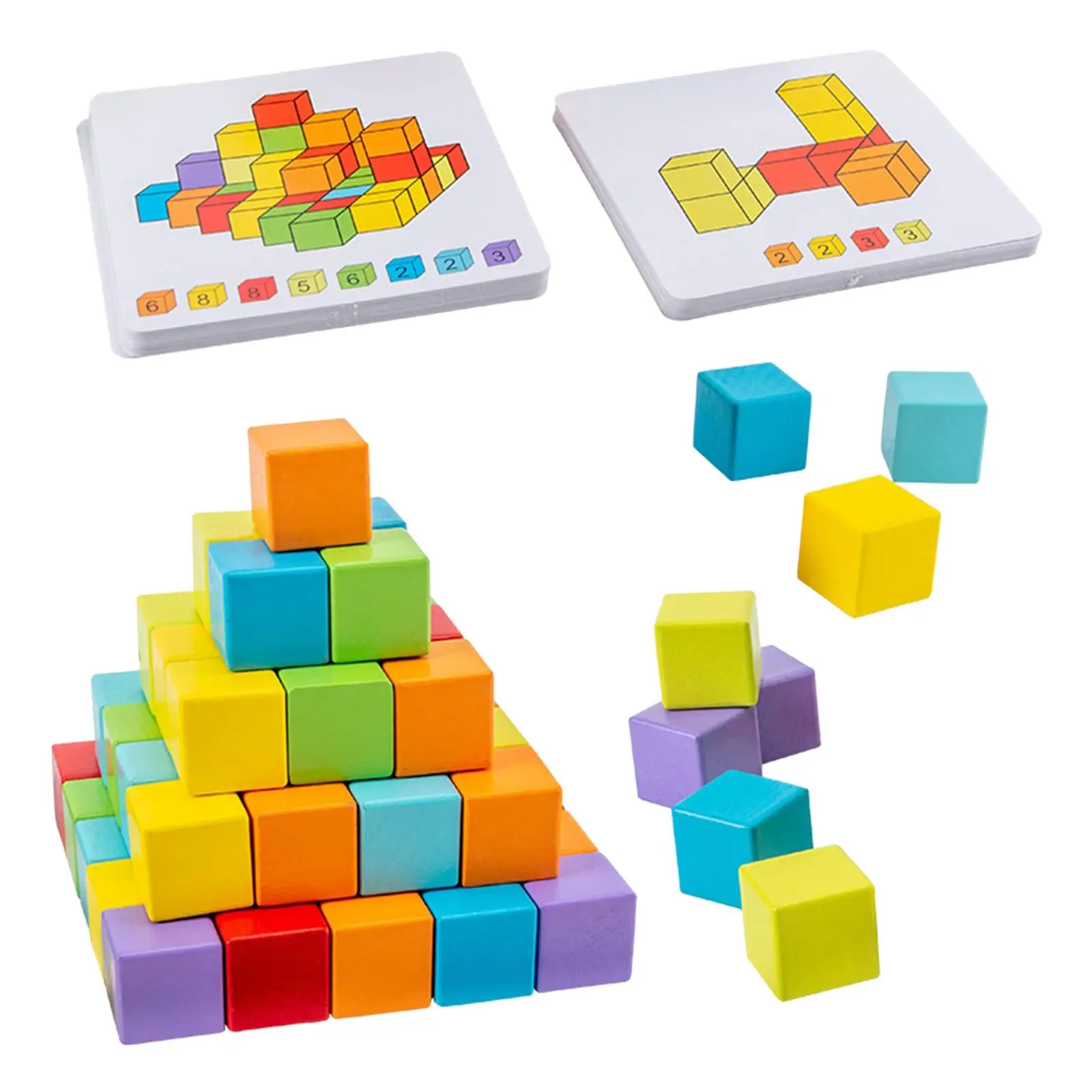 Wooden Building Blocks Stacking Game with Double Sided Cards Sensory Toys,