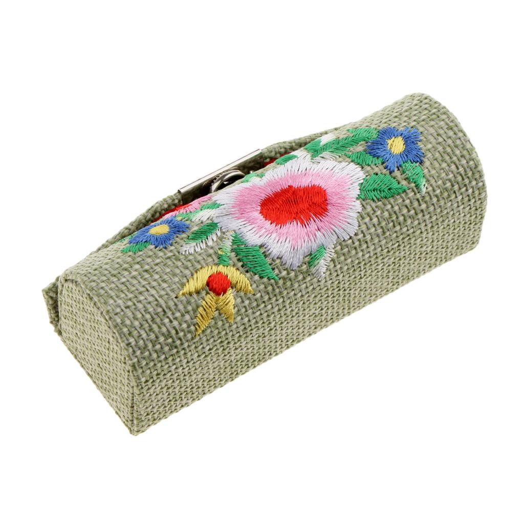 Retro Flower Falx Embroidered Lip Gloss Lipstick Case Holder Box With Mirror