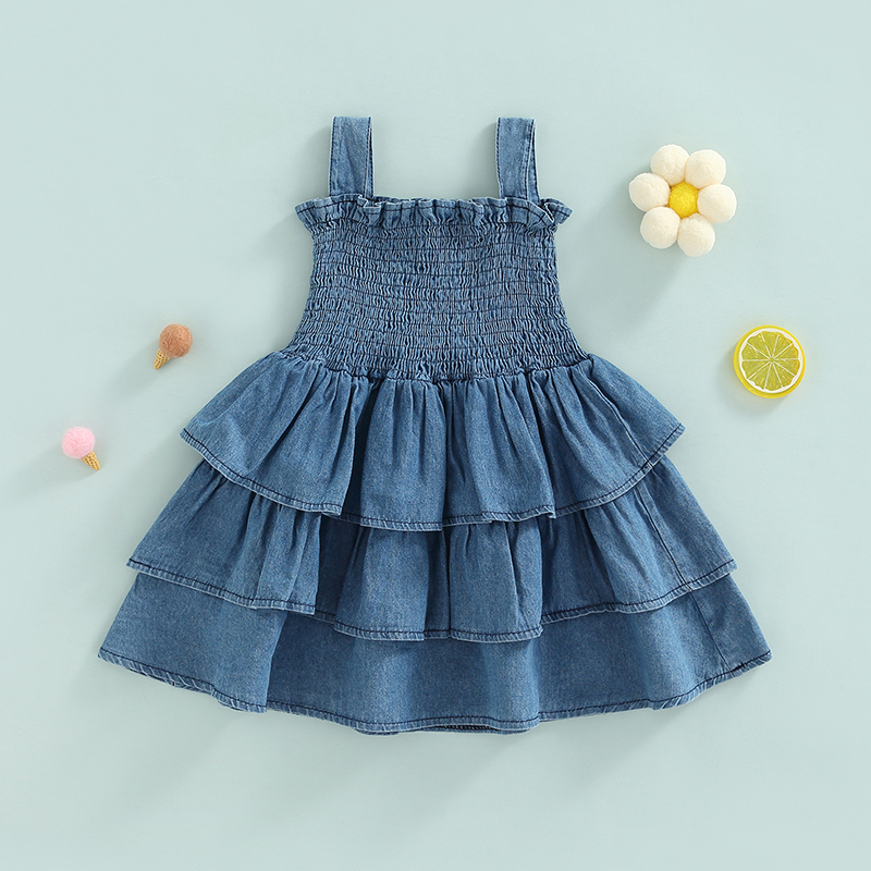 Focus norm 0-4y Sommer Prinzessin Baby Mädchen Kleid blau Denim Rüschen ärmel los hohe Taille geschichtet Sommerkleid – Detail 1