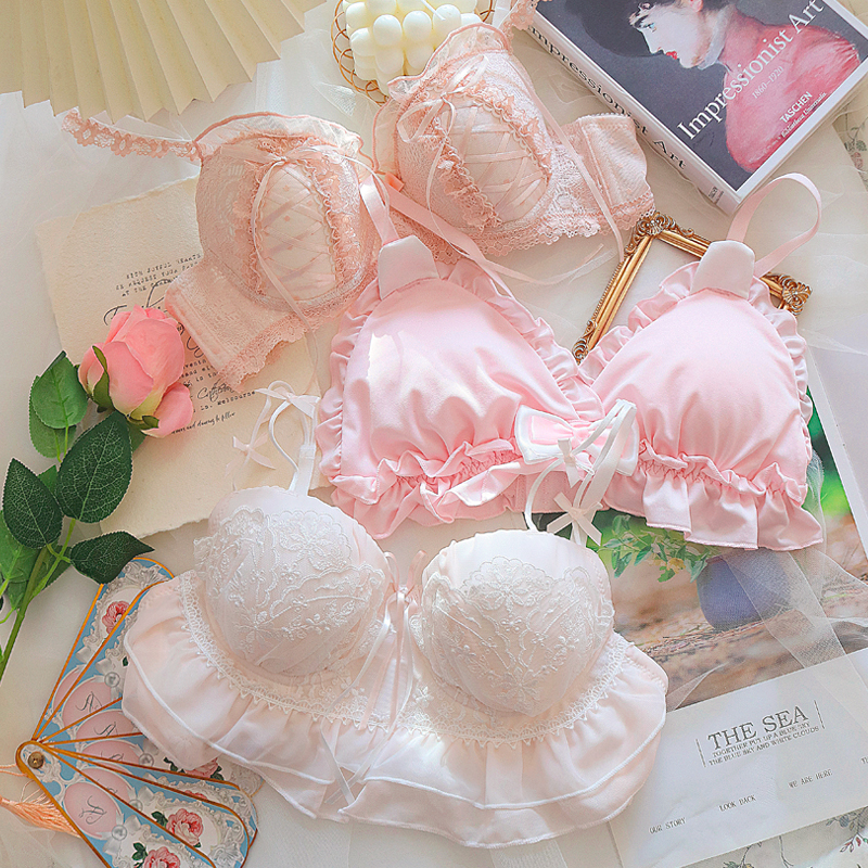 Rosa Unterwäsche BH und Höschen Set sexy Dessous süße kleine Brust Lolita Push-up Spitze Dreieck Tasse dünne Tasse Mädchen Höschen Bra lette – Detail 2
