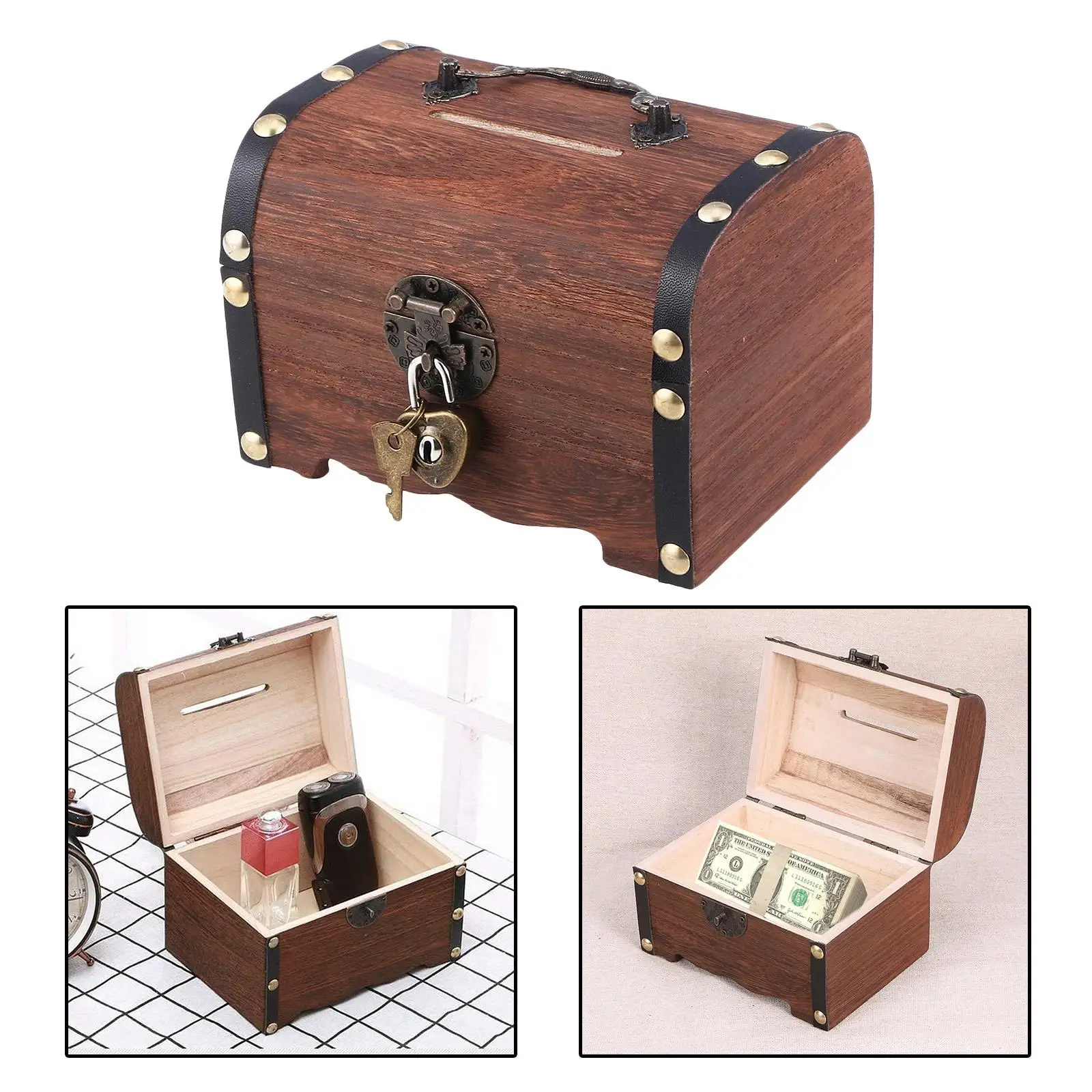 Retro Wooden Box, Vintage Wooden Vintage Coin Box Organizer with Lock & Keys for Children Adults