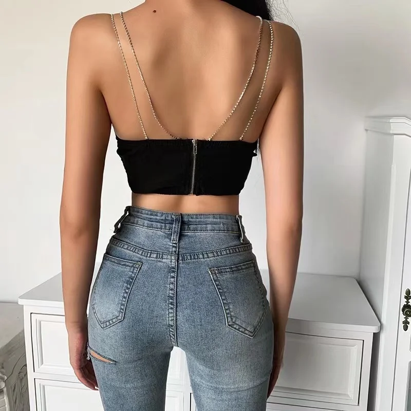 camisole 2022 Summer Sexy Deep V Neck Sleeveless Crop Top Women Diamond Spaghetti Strap Camisole T Shirt Female Casual Backless Tank Top target camisole