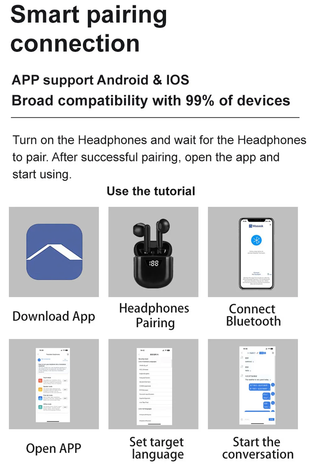 de ouvido Bluetooth, 144 idiomas, apto para iOS, Android