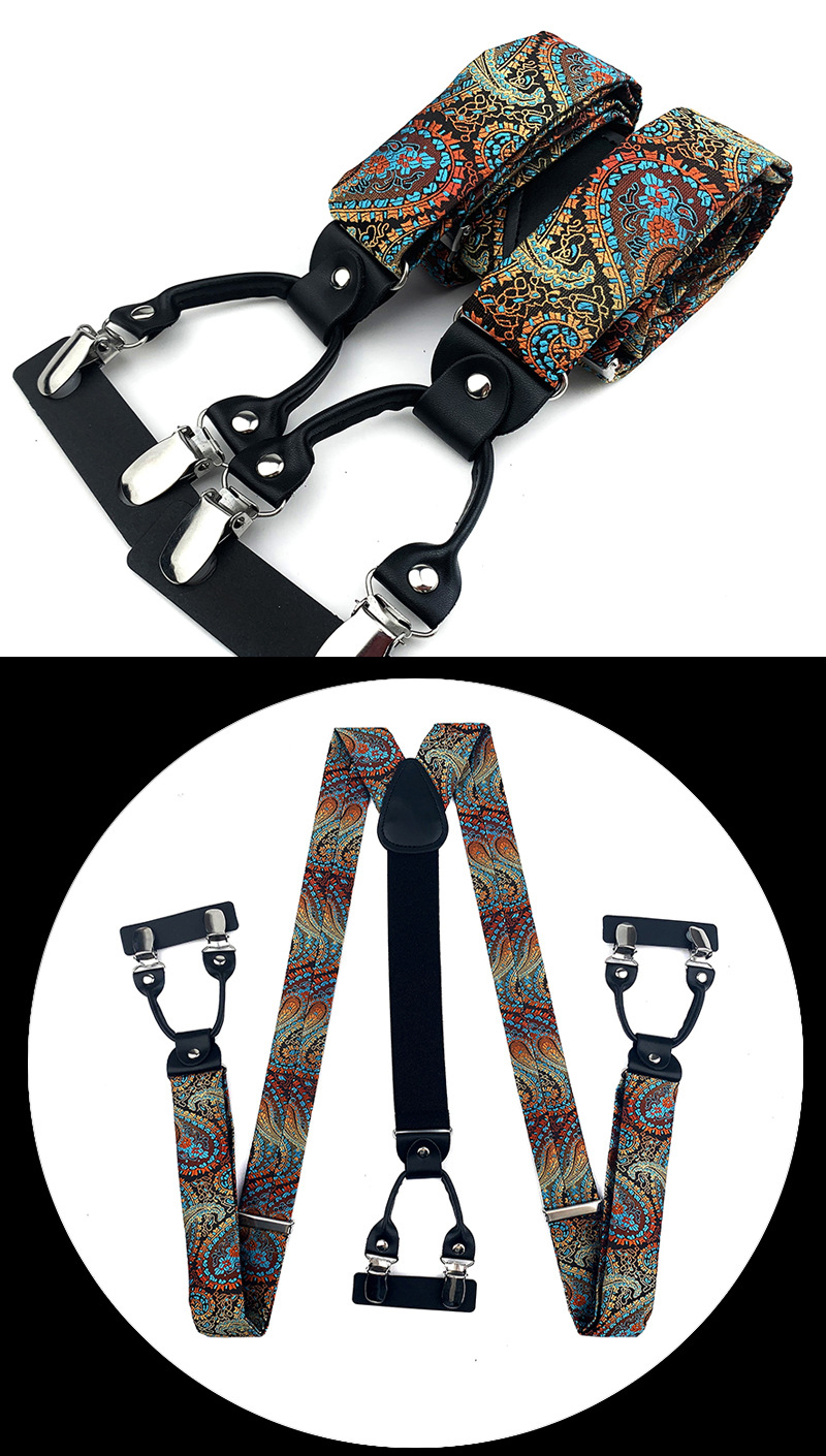 VEEKTIE Brand Suspender For Men 6 Snap Hooks Y-back Adjustable Jacquard Floral Check Shirts Paisley Yellow Blue Vintage Retro