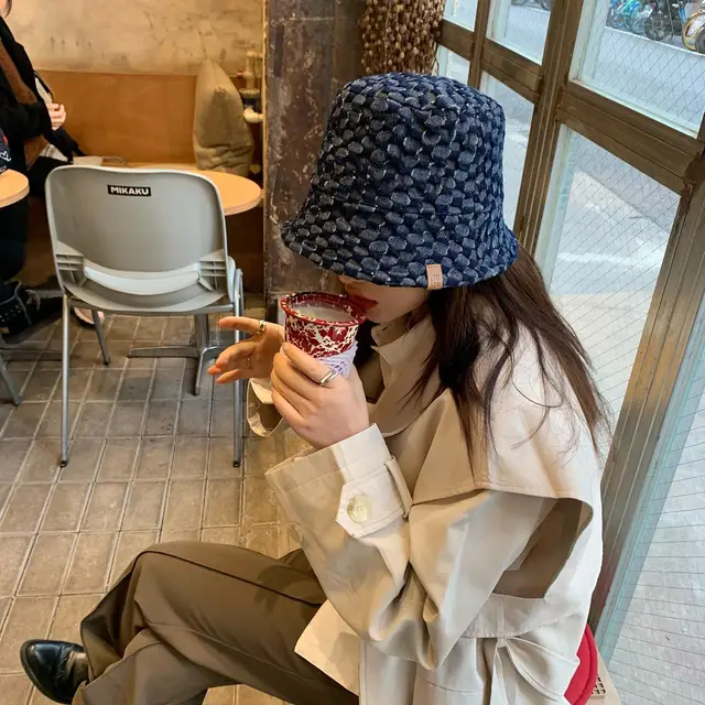 Japanese Niche Designer Bucket Hat Showing Small Face Retro Beggar Style  Splicing Contrasting Color Denim Basin Caps for Women