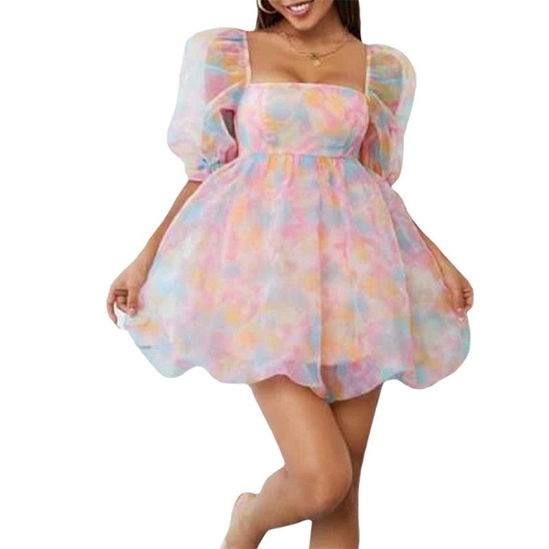Fairy Mesh Dress y2k Women Aesthetic Gradient Color Puff Sleeve Princess Dress Square Neck Short Prom Party Dresses