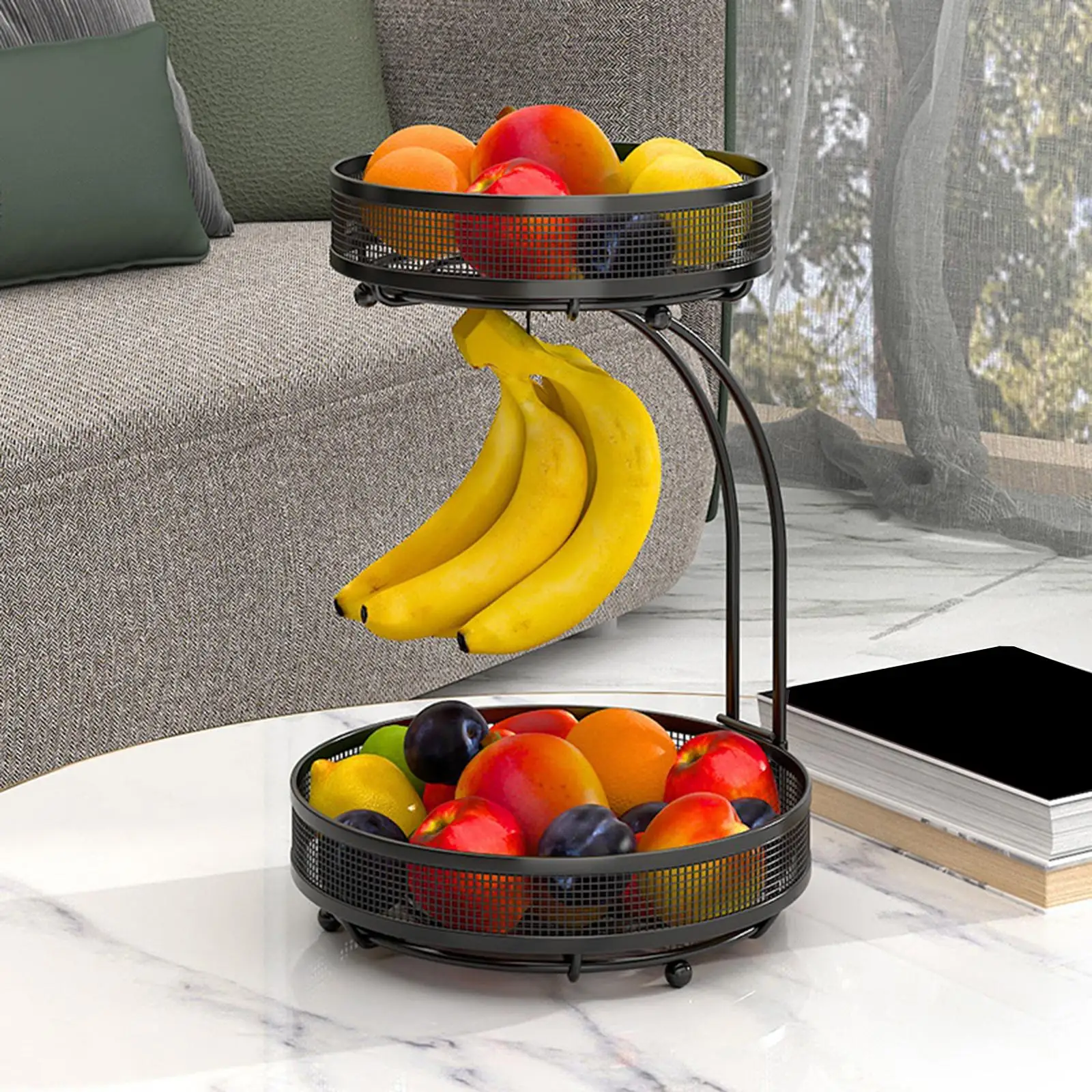 Metal 2 Tier Fruit Basket with Banana Hanger for Kitchen Multifunction Fruit Vegetable Storage Holder Display for Produce Bread
