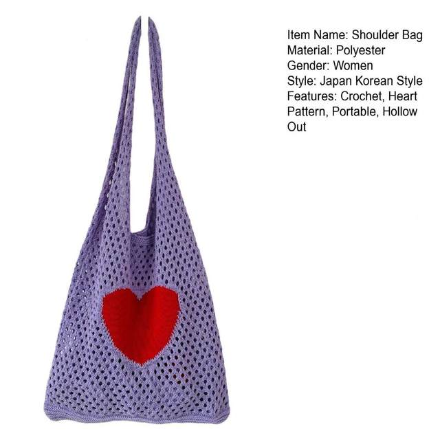 Women Knitted Shoulder Bag Crochet Heart Pattern Large Capacity