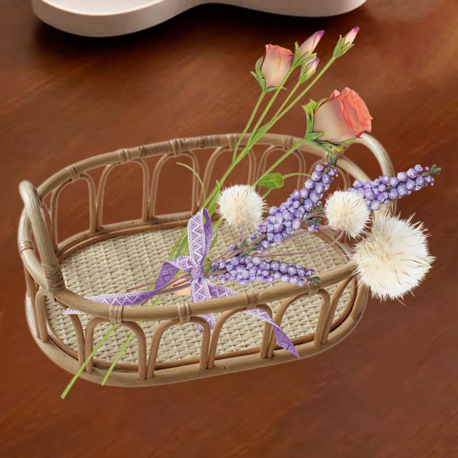 Rattan Basket Oval Shelf Decorative with Handles for Fruits Sundries Snacks