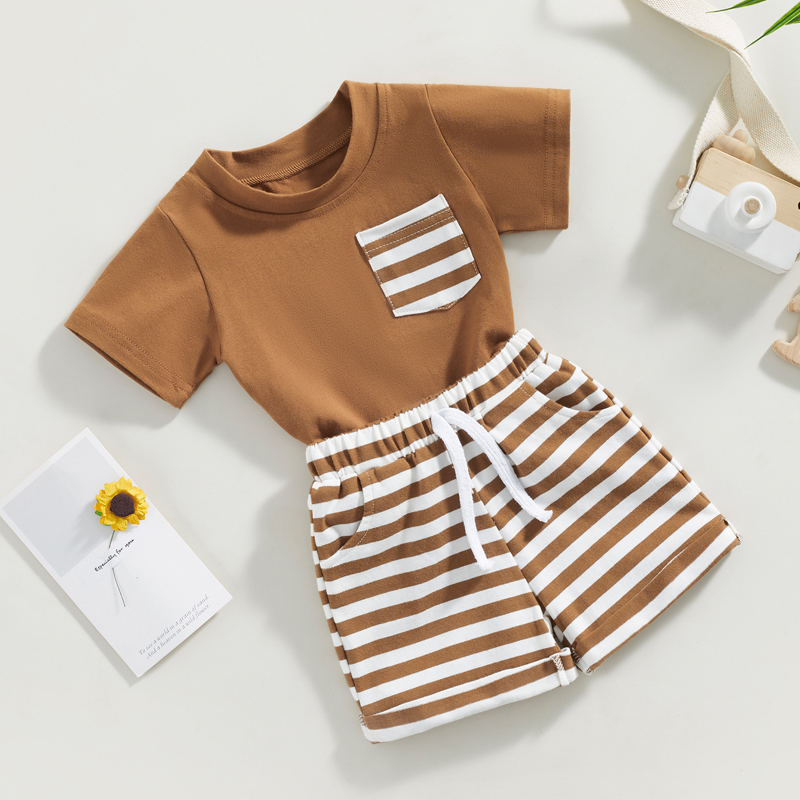 Description Picture 4 of itemKids Girls Boys Pants Suit Casual Party Short Sleeve Round Neck Tops Loose Striped Drawstring Short Pants Suit
