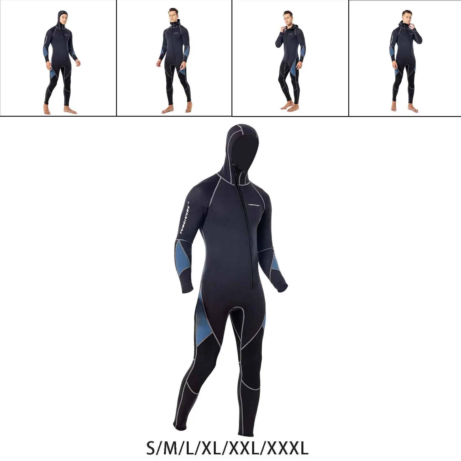 Man Hooded Wetsuit, Long Sleeve Portable Full Body Wetsuit for Kayaking Diving