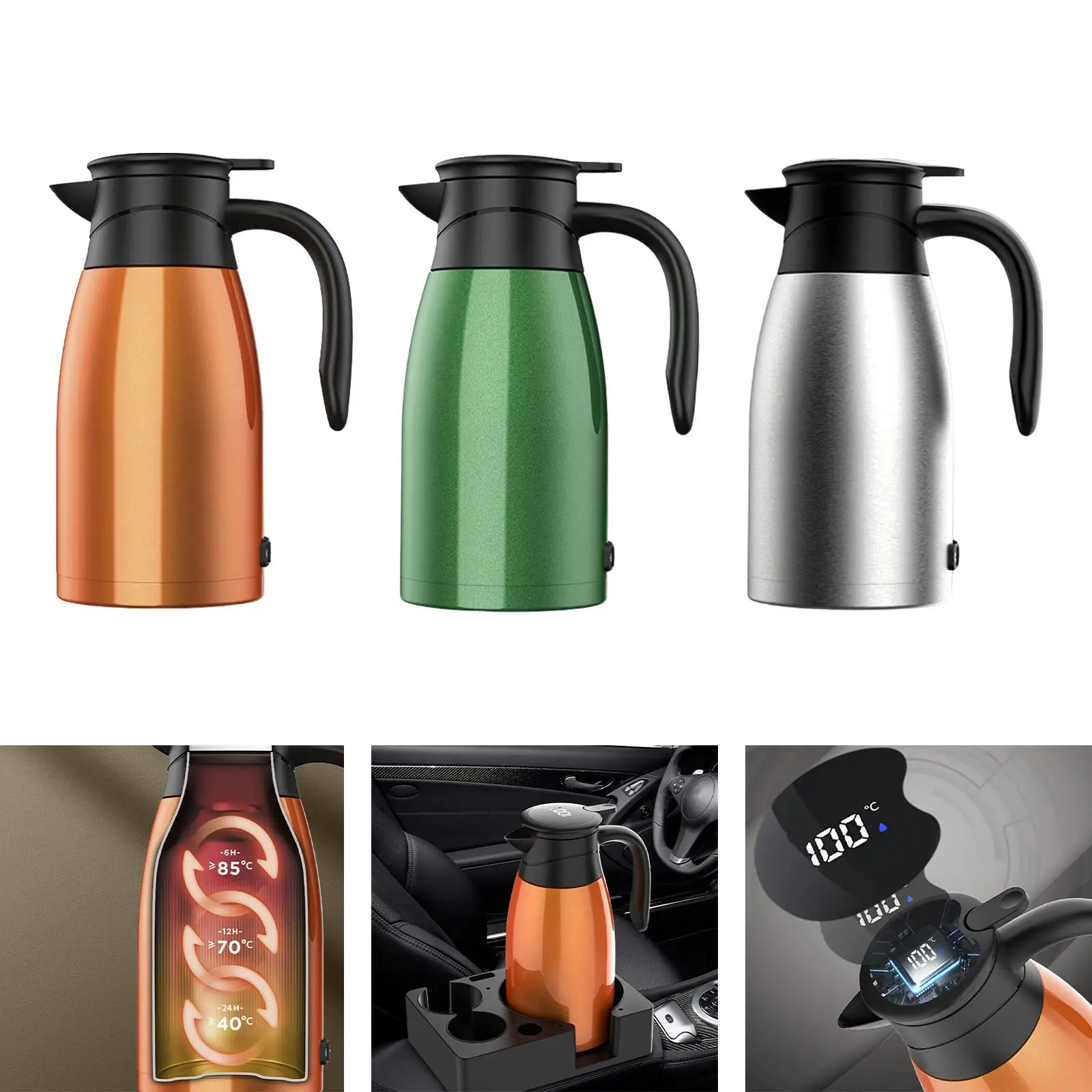 12V Car Kettle Boiler Temp Display Insulated 1400ml Hot Water Kettle Heated Water Boiler for Tea Water Travel