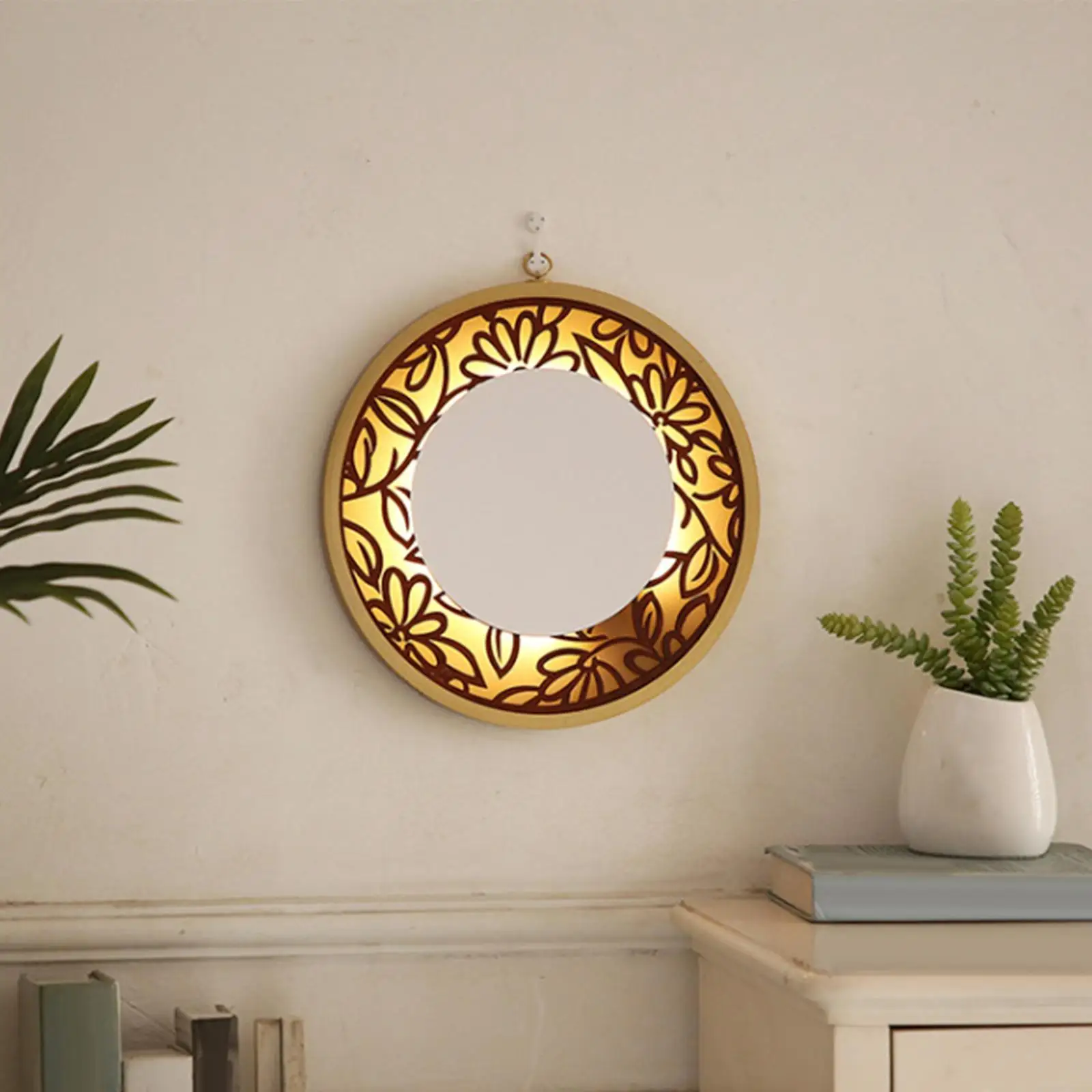 Rustic Wall Hanging Mirror Decorative with Light Circle Mirrors Wood Farmhouse for Hallway Hotel Decor Makeup Hall Wall Decor