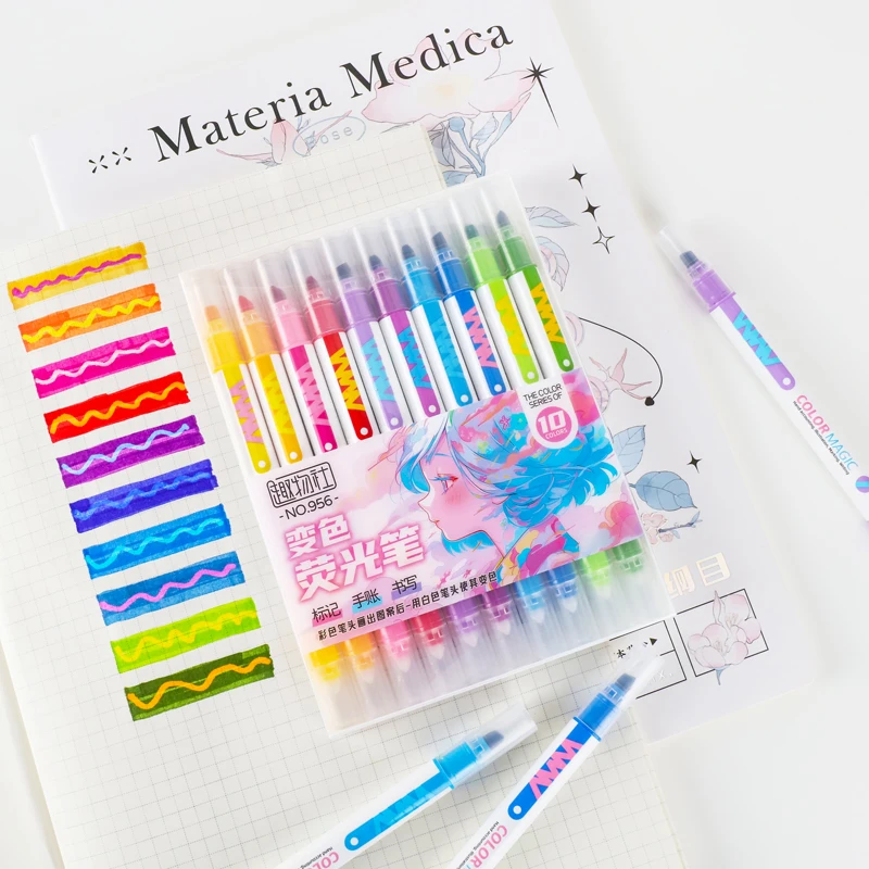 10-teiliges doppelseitiges magisches Farbwechsel-Textmarker-Set für Studenten, Tagebuch, Sammelalbum, Malerei, DIY-Herstellung, niedliches Büro-Briefpapier – Detail 2