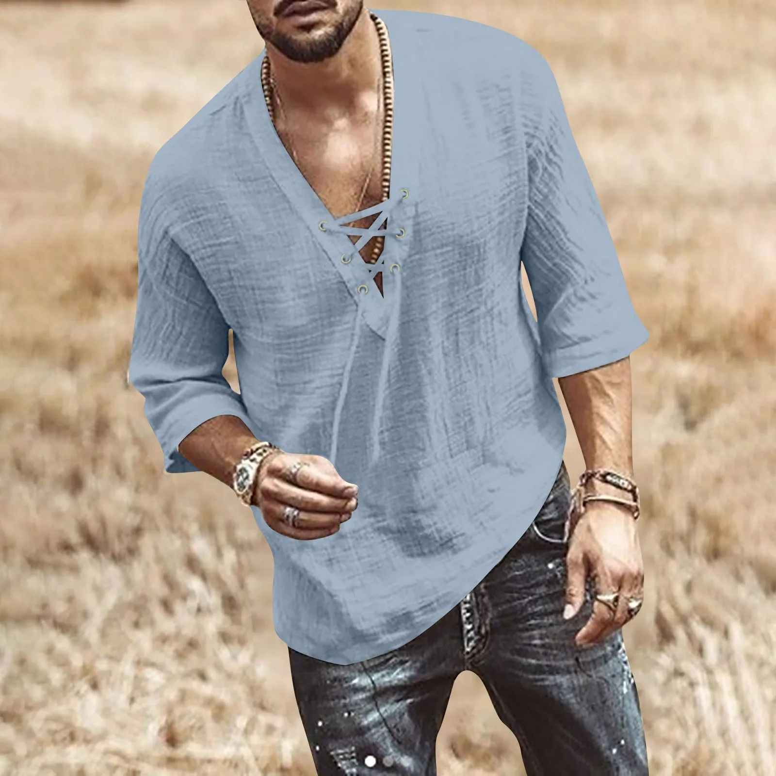 Camisas informales de lino y algodón para hombre, camisas holgadas con botones y cuello levantado, Tops de manga larga de Color sólido para primavera y verano