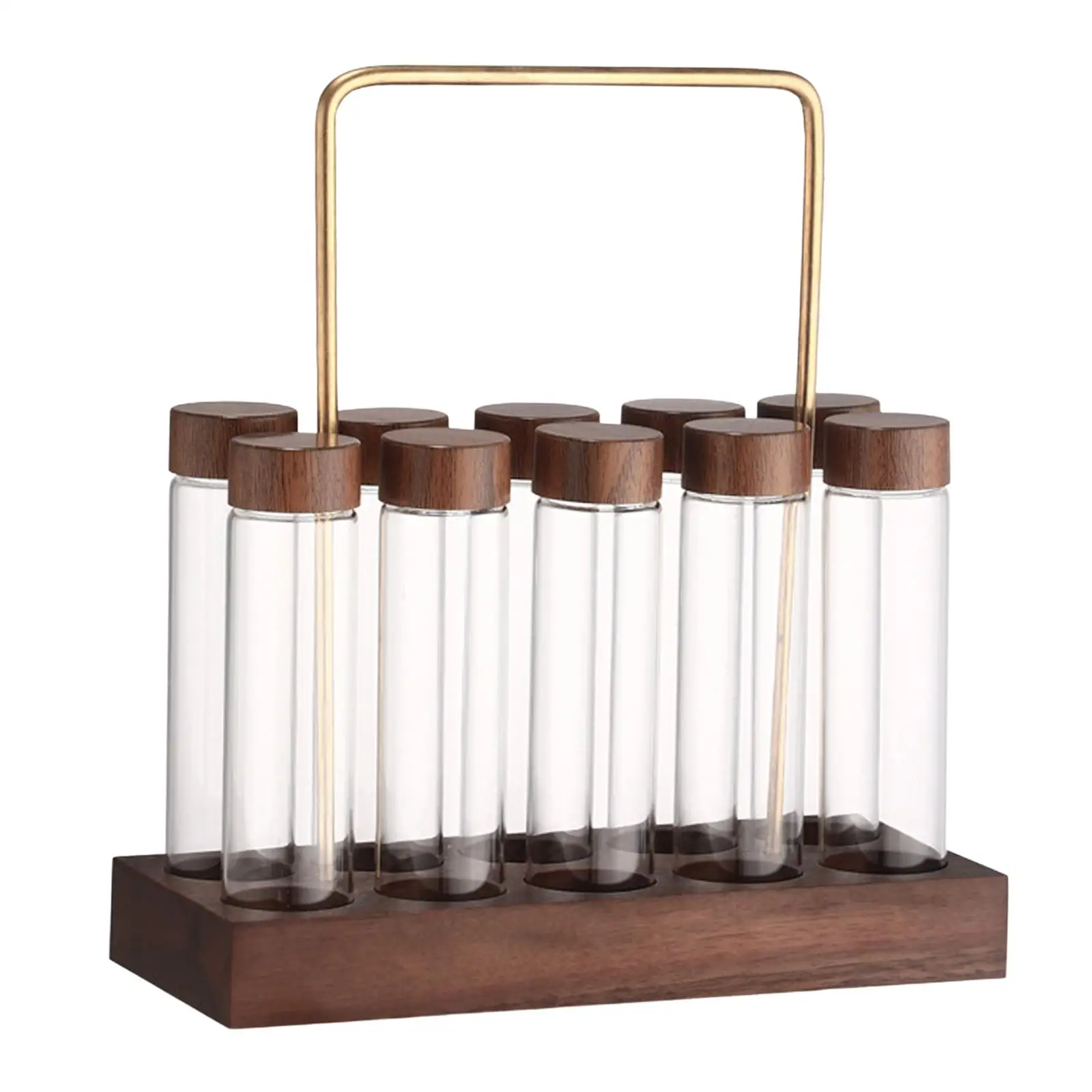 10Pcs Single Dose Coffee Bean Cellar Tube with Wooden Display Stand Dosing Glass Vials and Lids for Heartwarming Gift