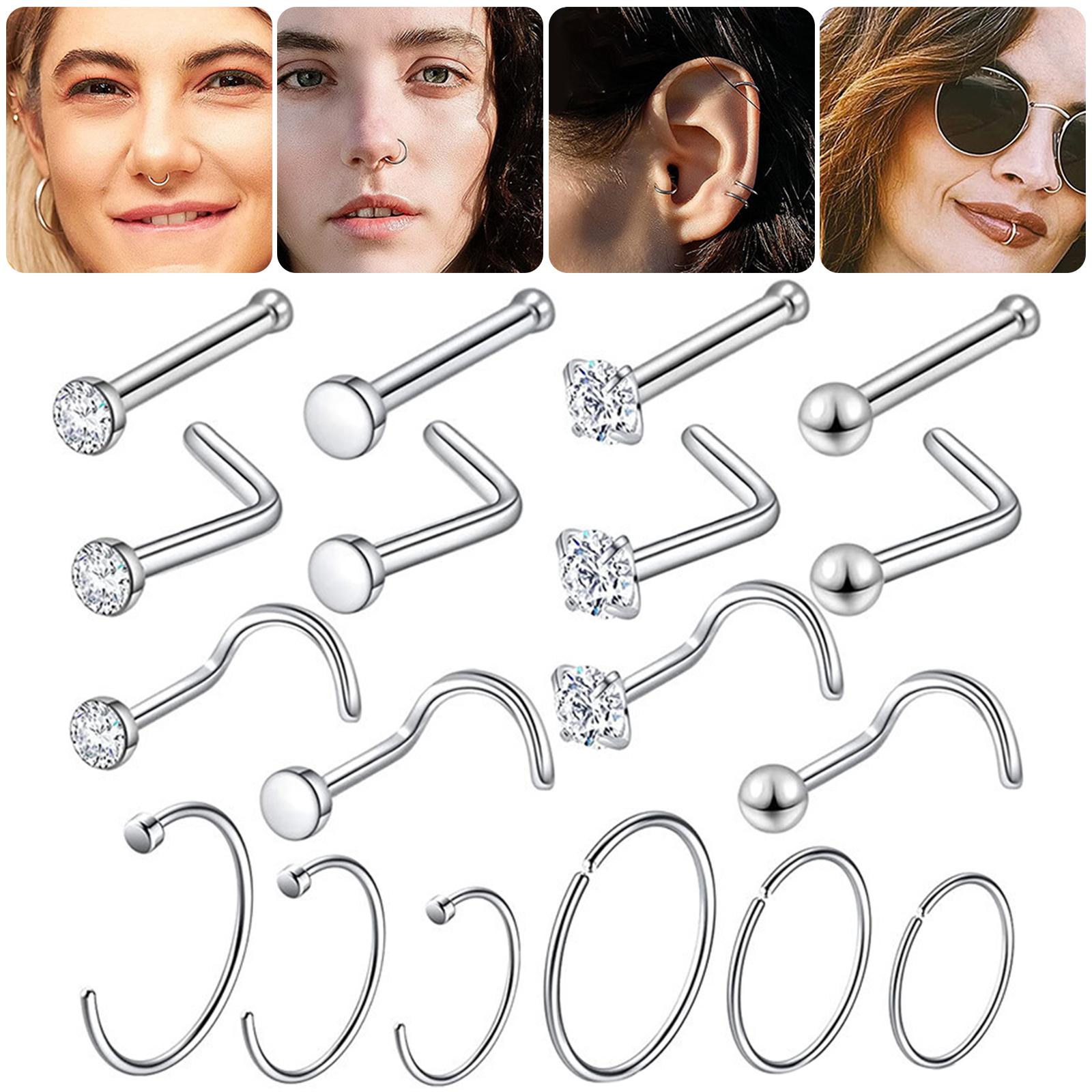 18 Nose Rings Set Stainless Steel Crystal Nose Hoops for Women 