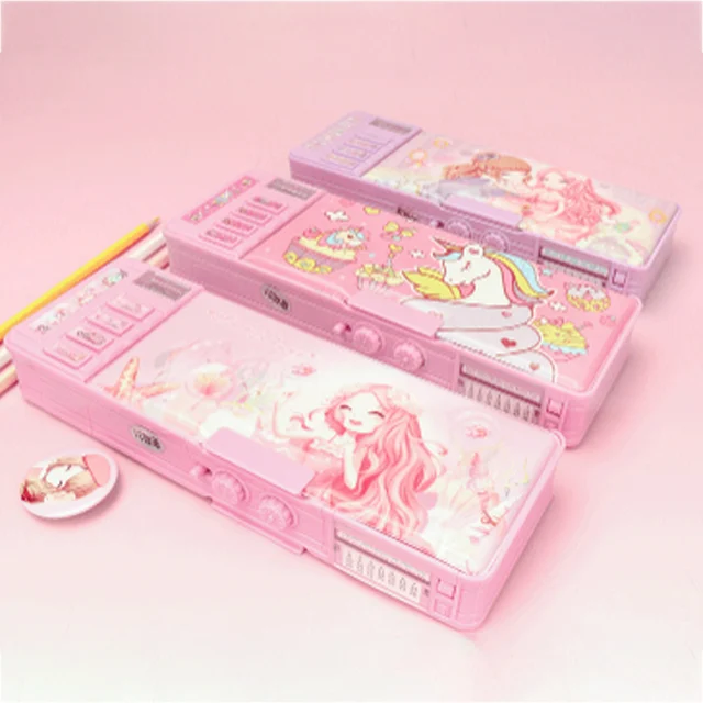 Mechanical deformation combination lock stationery box girl cute pencil  case school student pencil box Cartoon plastic pen case