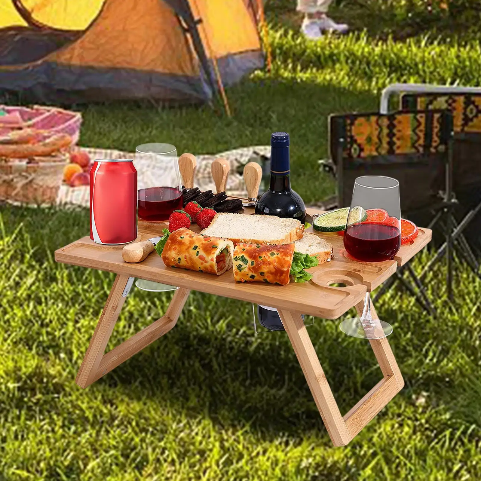 Folding Picnic Table Portable 2-in-1 Wine Table Wine Rack Holder Wine Glass Rack for Garden Party Camping Beach Outdoor Travel