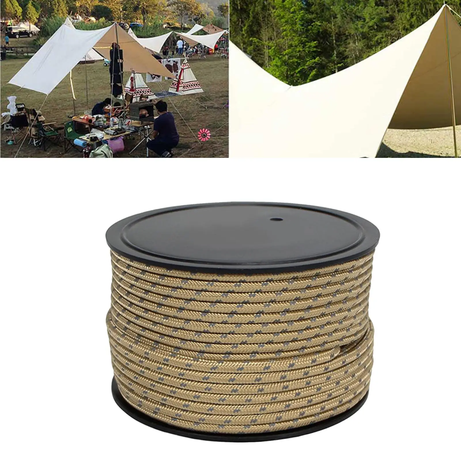 50M 6mm Reflective guyline PP Camping Cord Tent Awning  Rope for  Replacement Guy Line Stable and Sturdy Solid Braid