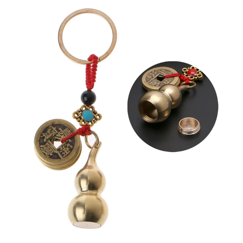 WANLIAN Wu Lou Keychain Feng Shui Coins Brass Lucky Chinese Gourd Key Ring Holder Decoration Ornaments Calabash Decorations Gifts for Good Luck Fortune Cars 2pcs 