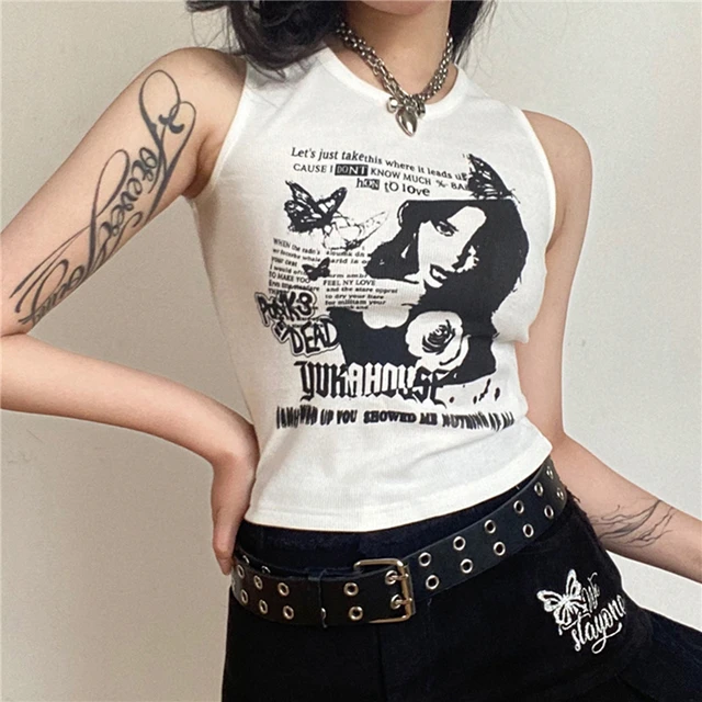 Y2k Grunge Print Sleeveless Sexy Tank Top For Women Ribbed Knit Vest  Streetwear Aesthetic Clothing Female Crop Top Women 2000s