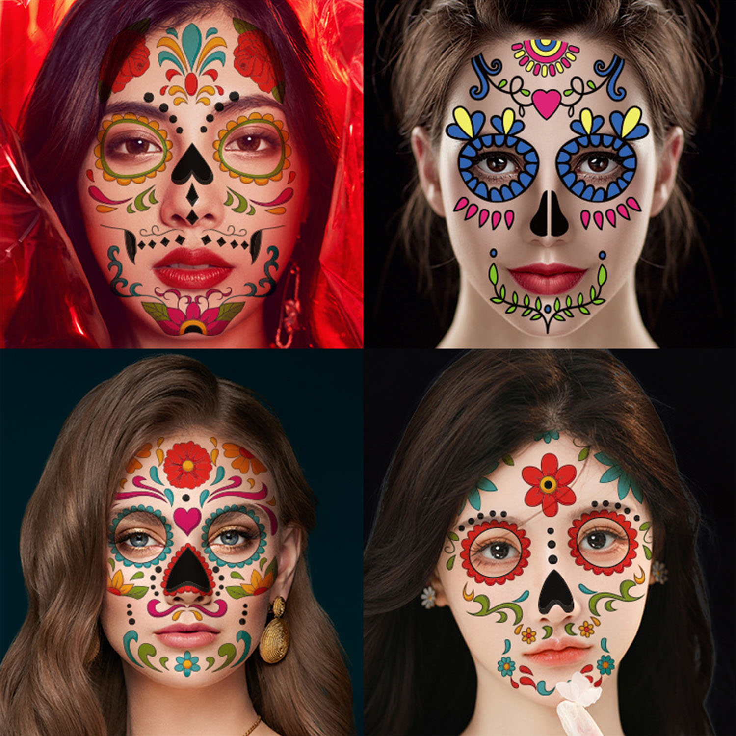 Best of 5 Sheets Halloween Temporary Face Tattoos, Day Of The Dead Sugar Skull Floral Black Skeleton Web Full Face Mask Stickers Tattoo Reviews & Tips - Image 2