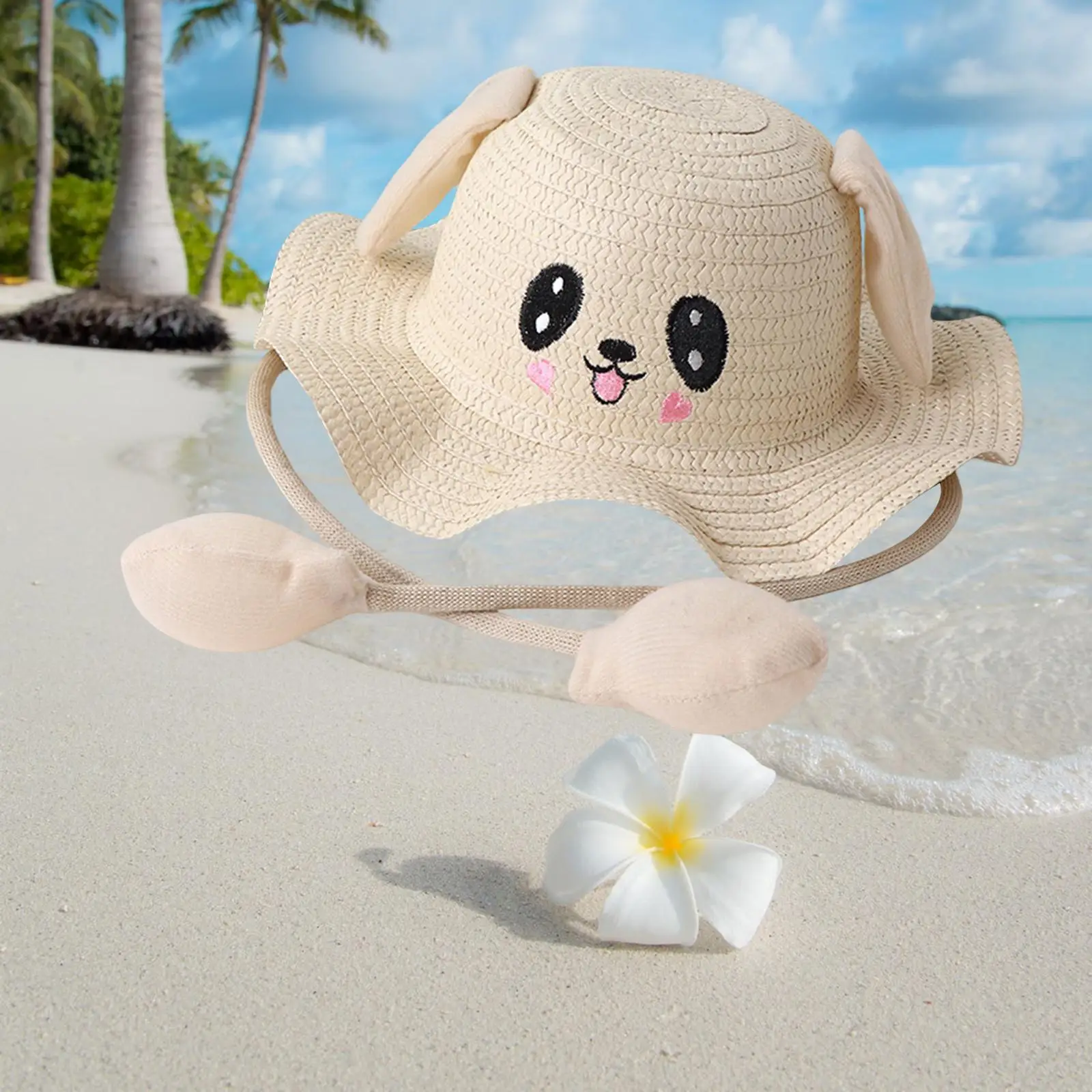 Rabbit Ear Straw Hat Sun Hat with Ears Moving Jumping Beach Hat Fisherman Cap for Beach Dress Costume Accessories Gift