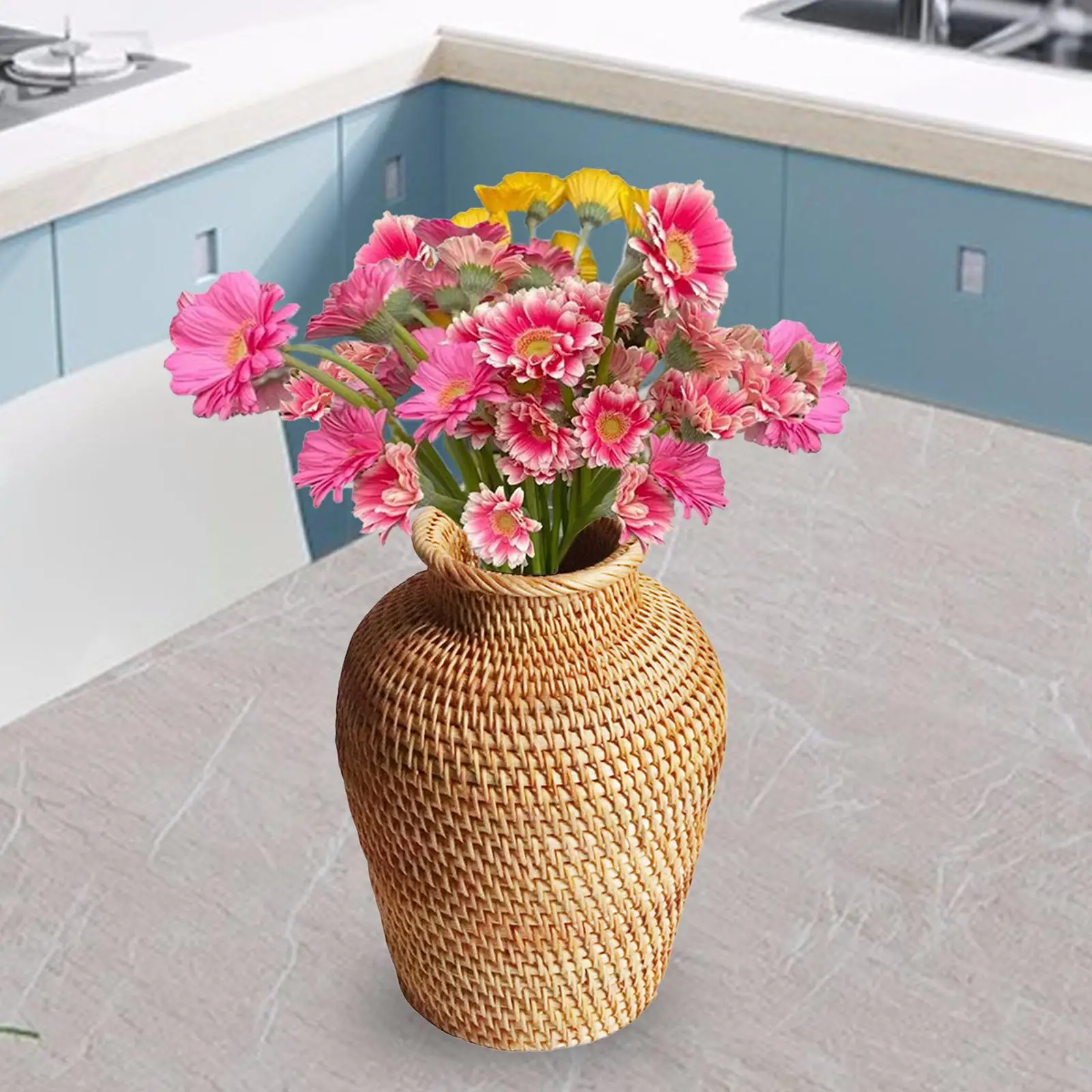 Handwoven Rattan Flower Basket Bottle Storage Basket Dried Flower Vase for Restaurant Drawing Room Cafe Desk Home Decoration