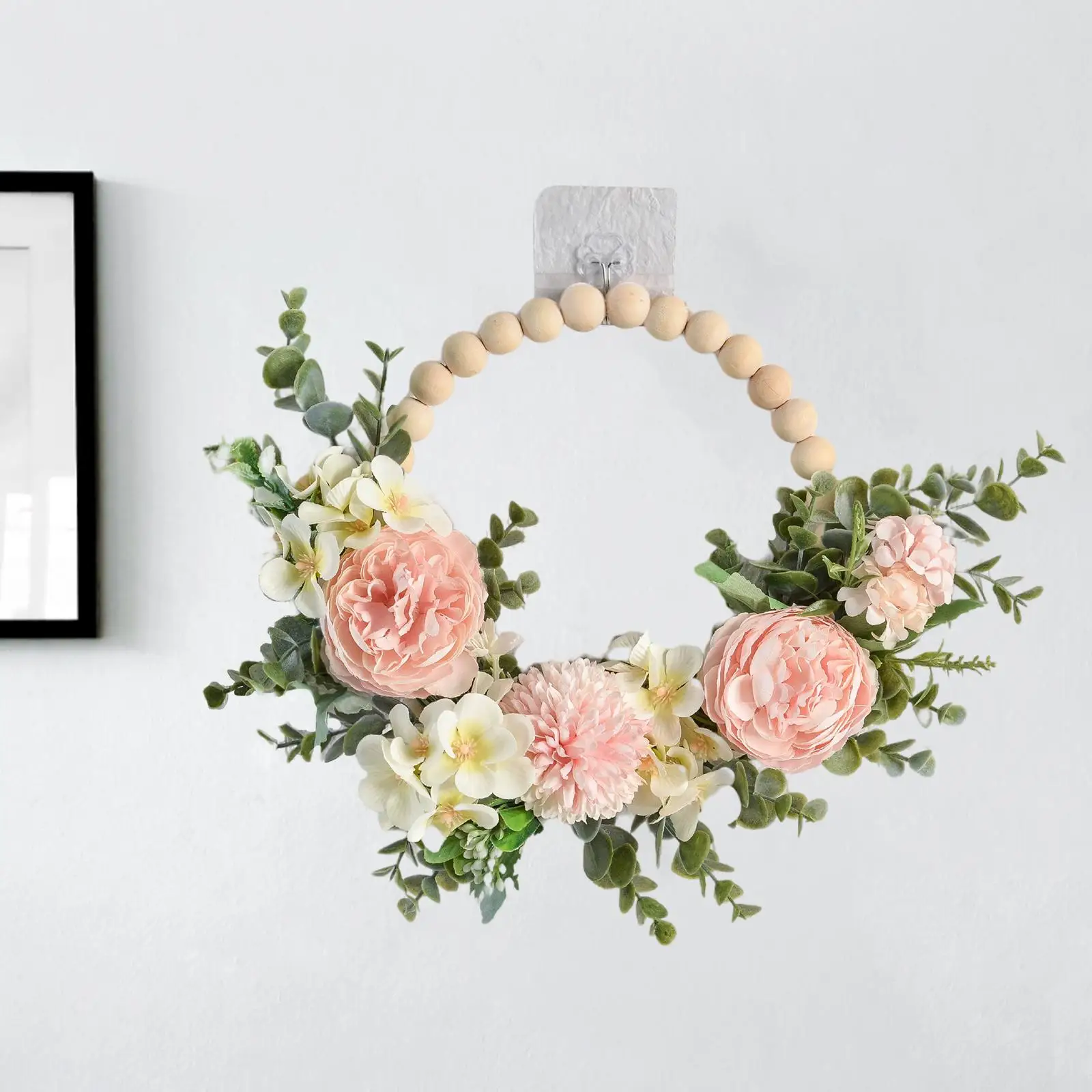 Artificial Peony Wreath Faux Floral Wreath Spring Wreath Wooden Bead Valentine Wreath for Door Bedroom Wedding Decor