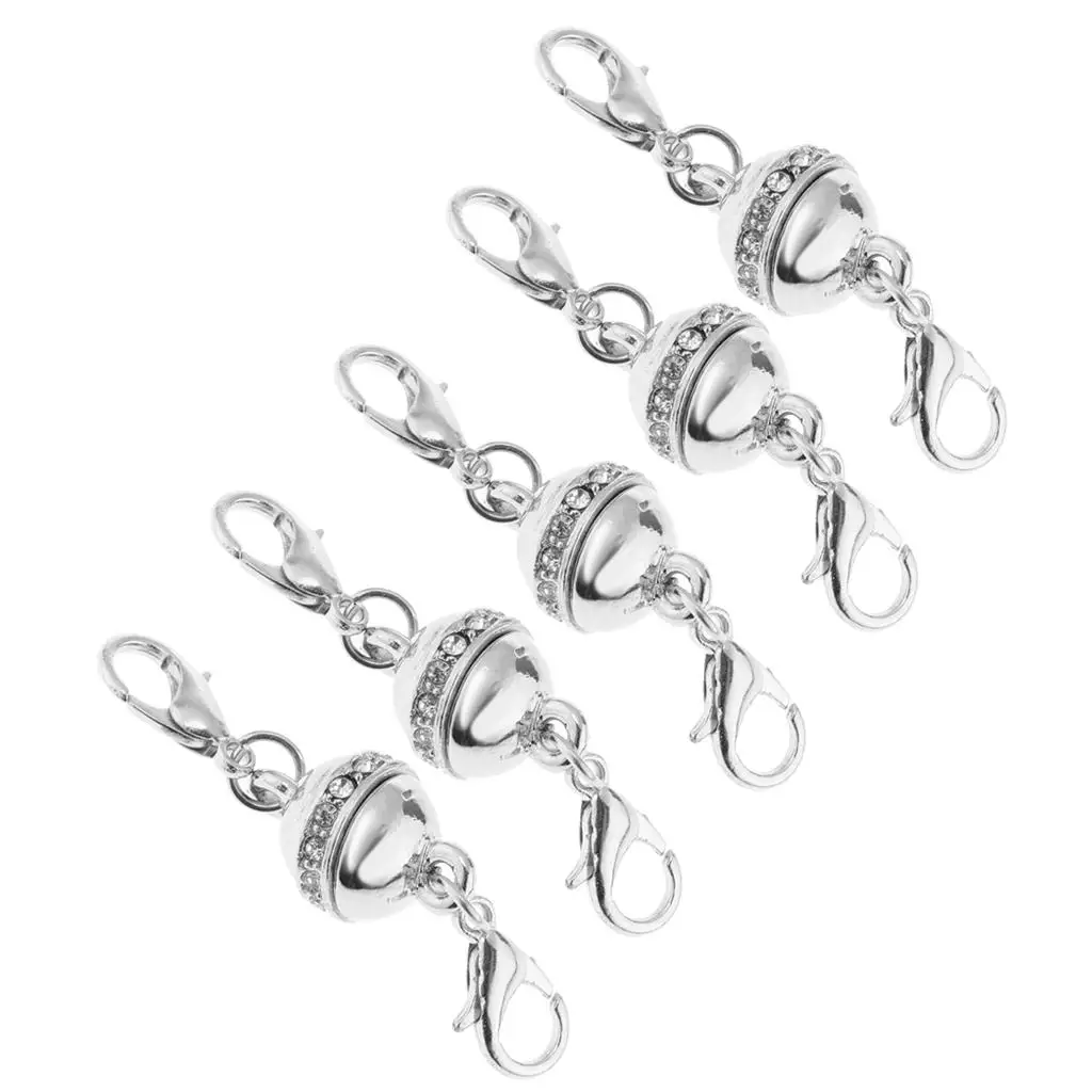 5 Pieces Silver Matic Clasp Rhinestone Ball Style, Lobster Clasp 40x10mm