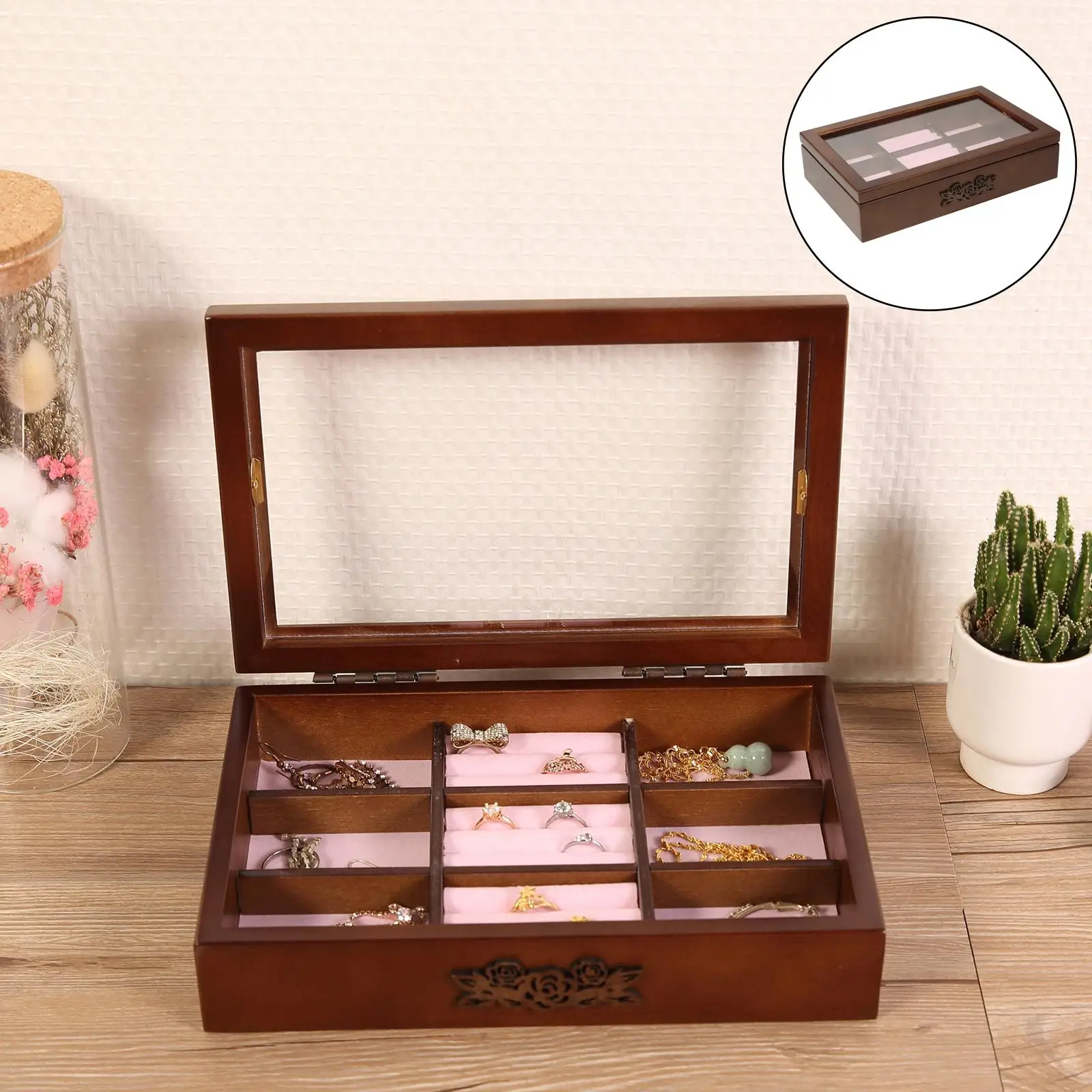 9 Slots Wooden Jewelry Storage Box Organizer for Earrings Rings Necklaces Watches